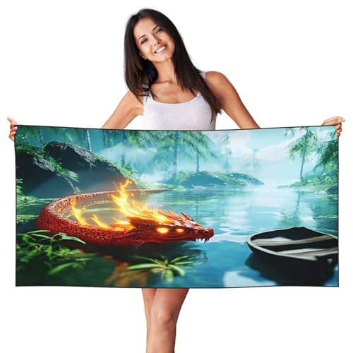 HCVXBSA Customized Bath Towels - Unique Design, Soft and Quick-Dry Microfiber Towel Set for Home, Travel, Beach, and More Fire red Chinese Loong