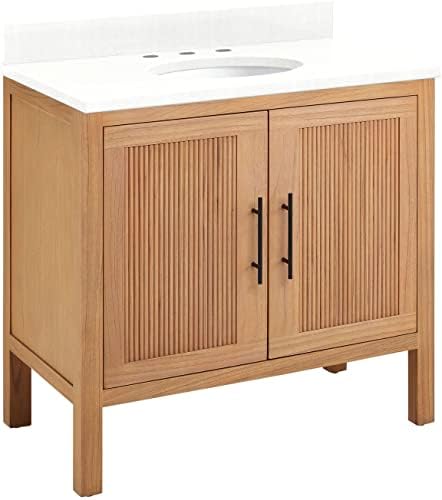 Signature Hardware 481766 Ayanna 36" Free Standing Single Vanity Set with Mindi Wood Cabinet, Vanity Top and Oval Undermount Vitreous China Sink - 8" Faucet Holes - Natural Mindi/Feathered White