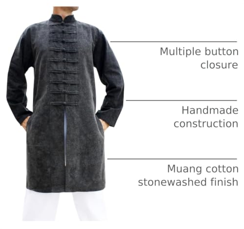 Image of Chinese Collar Mens Long Naval Jacket Many Button Tai Chi Cotton