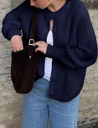 Image of Women's Casual Puff Long Sleeve Crew Neck Cardigan Button Down Open Front Knit Loose Sweater Outwear