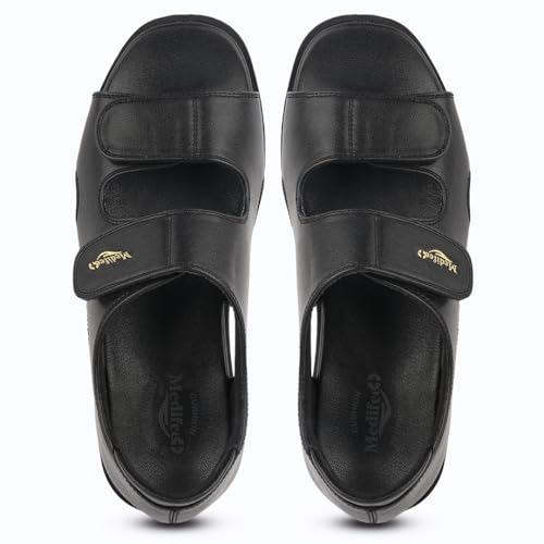 Image of Medifeet Women's Orthopedic Slide Sandals, Leather Cross Strap Comfort Flats with Arch Support, PU Sole, Adjustable Velcro for Foot Pain Relief