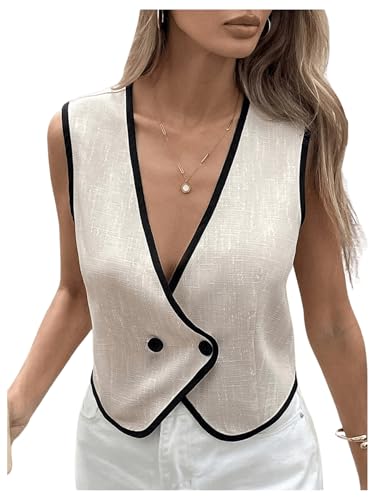 MakeMeChic Women's Contrast Binding Sleeveless Vest Button Down V Neck Work Office Blouses Top