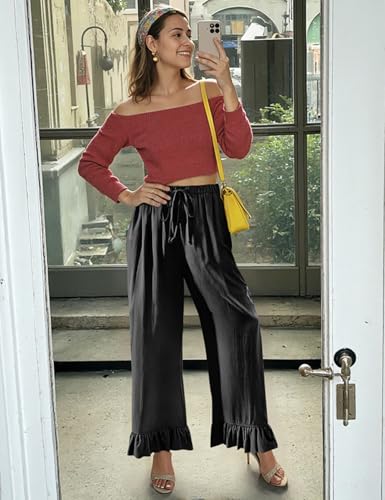 TARSE Women’s Linen Casual Pants Flared Leg Wide Leg Drawstring Ruffle Harem Palazzo Pants with Pockets3