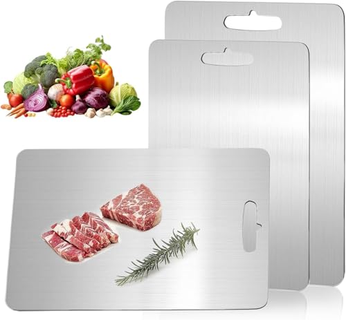 Hiwoor 3-Piece Stainless Steel Cutting Boards Set Double-Sided Non-Slip SUS304 Kitchen Chopping Boards for Meat Vegetables & Fruits Dishwasher Safe Rust-Proof & Odor-Free Food Prep Boards