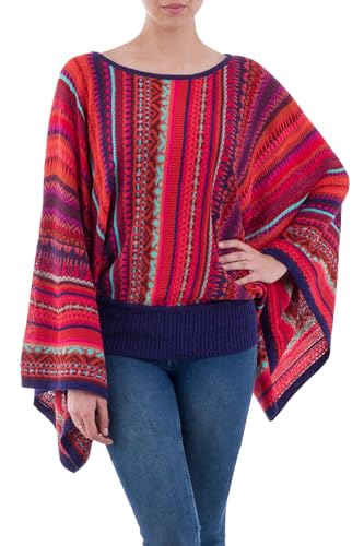 NOVICA Artisan Handmade Striped Peruvian Alpaca Wool Kimono Sleeve Sweater in Multicolor Pattern, 'Cuzco Dance'