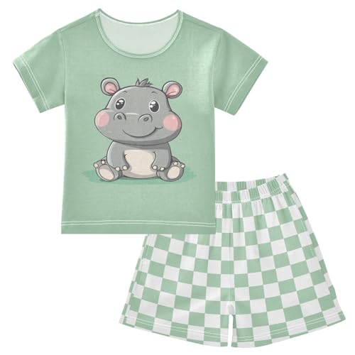 Checkerboard Plaid Cartoon Hippo Pajama Set Short Sleeve Sleepwear Soft Pajamas Shorts Sets Cotton PJS 5Y