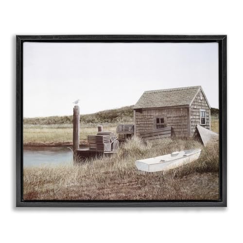 'Rural Seaside Cabin Seagull Perched Canoe Boat'| Floating Frame Canvas Art