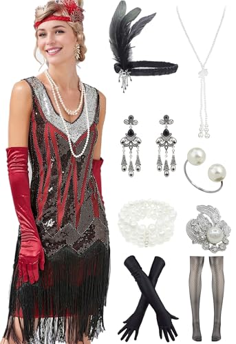 Image of Peacock-inspired 1920s Gatsby Beaded Flapper Sling Dress Womens Vintage Cocktail Dress W /Complete Accessories Set