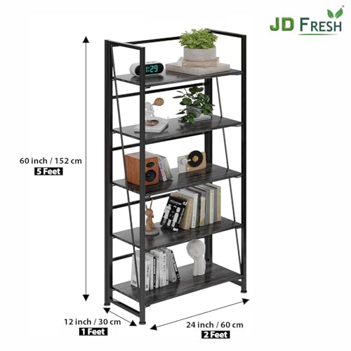Image of JD FRESH 5 Tier Foldable Bookshelf Rack with Metal Frame & Wooden Shelves /Open Storage Rack /Multi-Purpose Stand /Space-Saving Display Shelf, Book Rack, Home Decor Organizer (Grey)