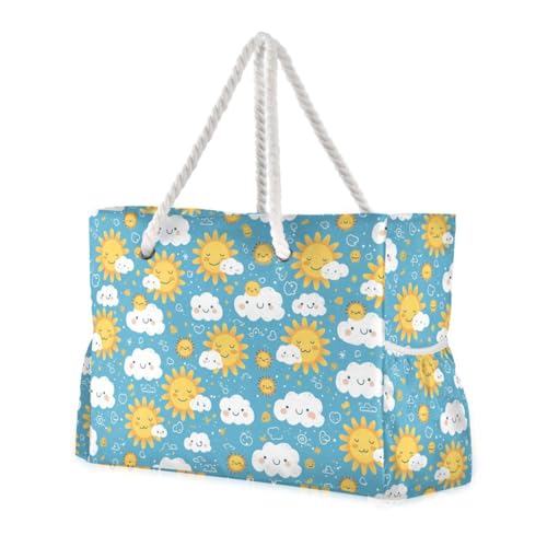 Simple Cartoon Sun Clouds Sturdy Outdoor Tote Bag with side pocketes Large Bag for Pool Gym Grocery Travel
