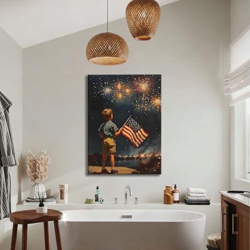 Image of RIBNTAK Patriotic 4th of July Fireworks and American Flag Canvas Wall Art, Little Boy with US Flag Painting, Independence Day Wall Decor for Living Room, Bedroom, Home and Office, Made in USA