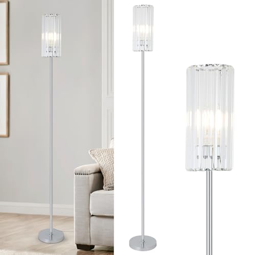 Rayofly Chrom Stehlampe Wohnzimmer, Modern Kristall Stehlampe mit Glas Lampenschirm, Silber Kristall Stehlampen mit Fußschalter, Crystal Floor Lamp, Ecke Stehleuchte für Schlafzimmer Kinderzimmer Büro