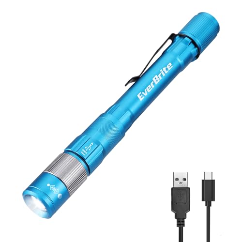 Image of EverBrite Pen Light, Rechargeable Pen Flashlights, 300 Lumens Zoomable LED Small Flashlight with Clip, Memory Function, USB-C Cable Included, Pocket Size for Camping, Emergency, Mechanic, Blue