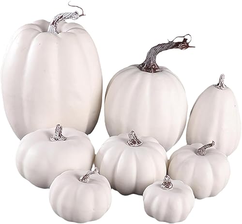 Lindagary 8pcs Harvest Pumpkins Ornament Harvest Pumpkins Realistic Foam Pumpkins Simulation Harvest Pumpkins for Halloween Fall Thanksgiving Decoration - White