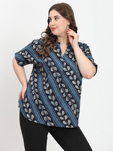 Image of SINDOORI Relaxed Fit Tops for Women Plus Size Solid Printed Mandarin Collar, Band Collar, V-Neck Top, Half Sleeve Loose Fit