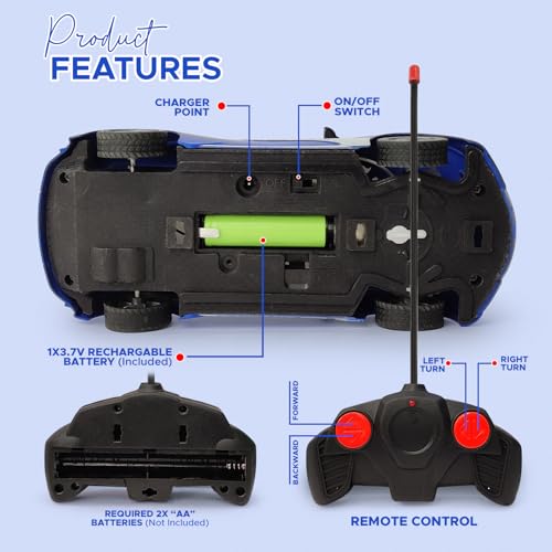 Image of 3D LED High Speed Rechargeable Remote Control Car for Kids, RC Racing Vehicle with Bright Lights, 2 AA Battery Controller (Blue)