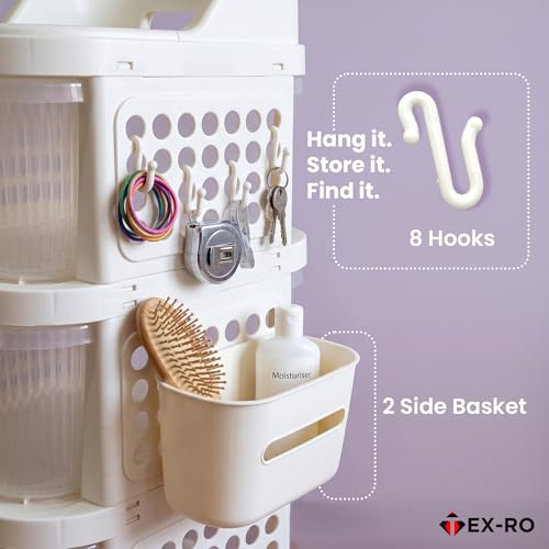 Image of TEX-RO 5 Layer Plastic Drawer Cabinet with Wheels & Side Hooks | Stackable Storage Trolley Organiser for Kitchen | Multipurpose Drawers Organisers Rack with Basket - Transparent And Ivory