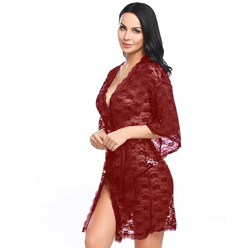 Image of Love Maker Women Sexy Floral Net Lace Tranparent Babydoll Lingerie Night Robe /Nightgown Lingerie for Honeymoon with Bikini Set S-3XL