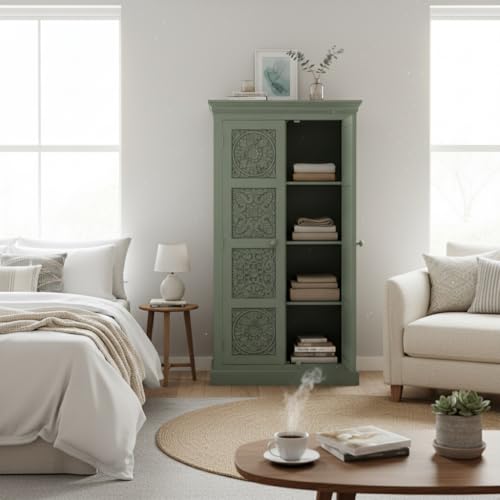 Image of APRODZ Floreale Mango Wood Wardrobe for Bedroom 2-Door Modular Wooden Almirah for Storage /Space Saving Storage Organizer Rack Clothes Cupboard for Bedroom (Sage Green Finish)