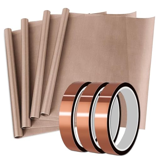 YTFGGY 4 Pack PTFE Teflon Sheet 12 x 16 and 3 Rolls 10mm Heat Resistant Sublimation Tape Thermal Tape for Heat Press Transfer Non Stick Paper Reusable Craft Mat for Heat Press Machines