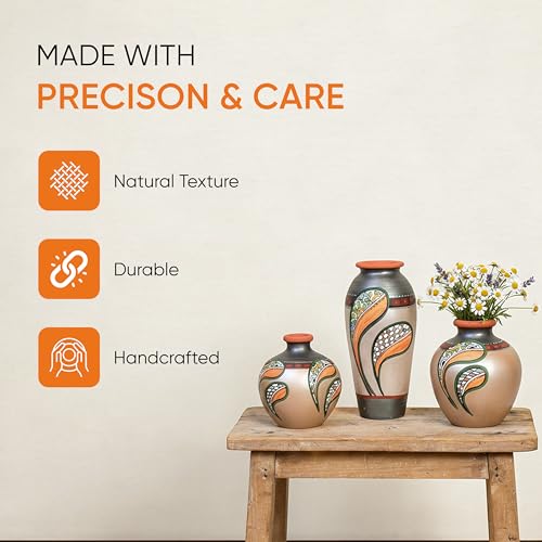 Image of Aakriti Art Creations Terracotta Vases Set of 3 | Handmade Silver Floral Art Flower Vases (6x3 /3x4.5 /4.6x3.6 Inch Dia) | Matte Finish Decorative Vases for Home Decor & Gifting