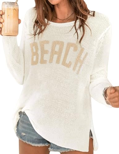 LOMON Womens Beach Cover Up Letter Print Long Sleeve Sweaters Summer Crochet Top Lightweight Beach Wear (Cream White L)