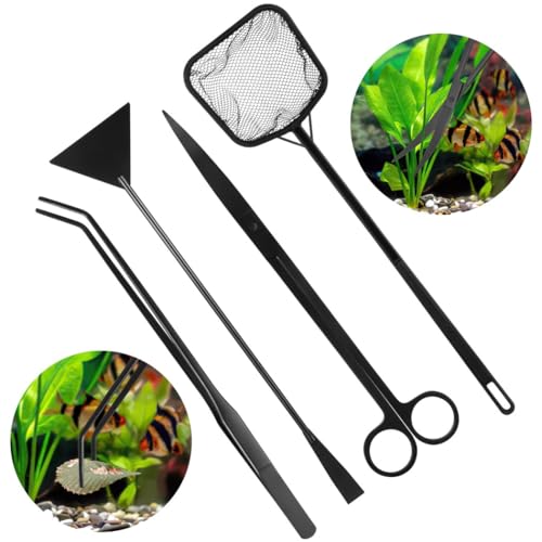 4-in-1 Aquarium Maintenance Tool Kit, Includes Curved Scissors, Tweezers, Sand Spatula, and Fish Net for Small Aquatic Tanks