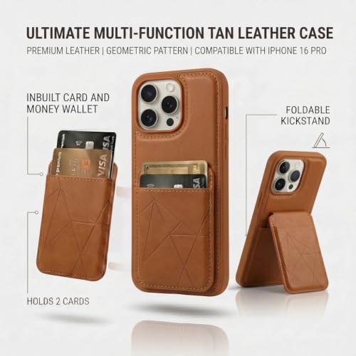 Image of amazon basics Premium Vegan Leather Back Cover with Card Holder and Integrated Mobile Stand for iPhone 16 Pro - Slim Shockproof Wallet Case with Geometric Stitching [Tan]