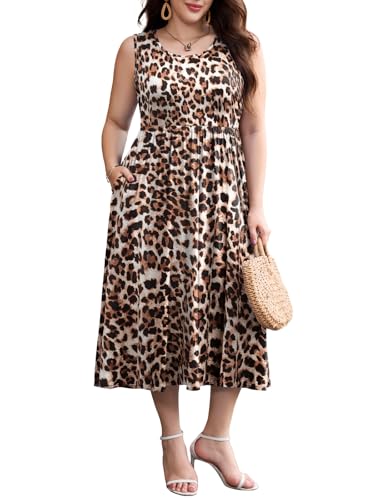 Image of LARACE Women's Plus Size Sleeveless Maxi Dress Casual Crew Neck Pleated Flowy Long Dresses with Pockets L-6XL