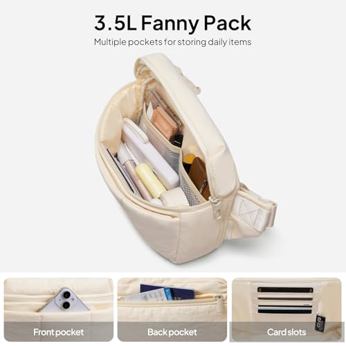 Image of TOPEAST Waist Pack 3.5L Fanny Packs with Water Bottle Holder, Large Capacity Travel Belt Purse Anti-Theft RFID Blocking, Beige Fluffy Crossbody Sling Bag for Hiking Walking