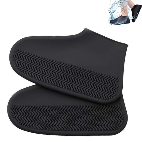 FaJoek Wasserdichte Silikon Überschuhehe Outdoor, Silikon Regenüberschuhe, Rutschfeste Silikon Regenüberschuhe, Regen-SchuhüBerzieher für Regen, Schnee, Wüstenstrand (Schwarz, XL)