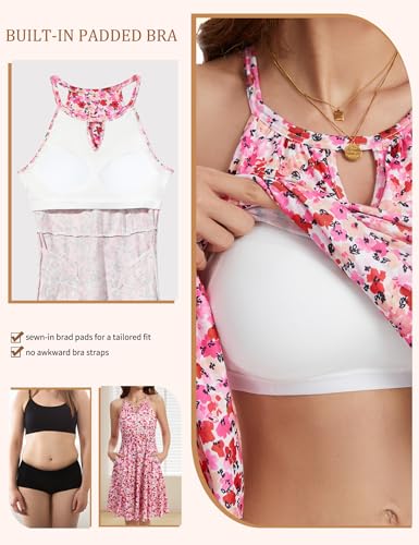 Image of JOYSHAPER Built in Bra Summer Dress Casual Beach Sundress Flowy Halter Dress with Pockets