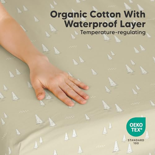 Image of 2 Pack and Play Sheets, Waterproof Mini Crib Sheets Fitted - 38x26 Organic Cotton Pack N Play Sheets for Graco Pack and Play Mattress, Playard Baby Crib Sheets,Neutral for Boy,Girl,Toddler(Pine Grove)