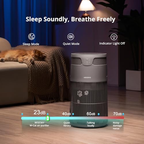 Image of WISESKY Cat Air Purifier with Bite-Resistant Cord & Wide Grille and Tip-Over Protection | Air Purifier for Home with 360 Air Intake for Pet Hair | APP Control | Covers Up to 1644 Sq.Ft