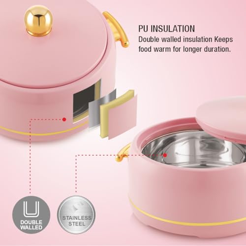 Image of Modware Atlantis Casserole 2000ml Elegant Design Premium Hot Pot, Retains Temperature for Hours, Insulated Inner Steel Casserole for Roti, Hot Box for Home, Chapati Box, Serving Bowl with Lid (Pink)