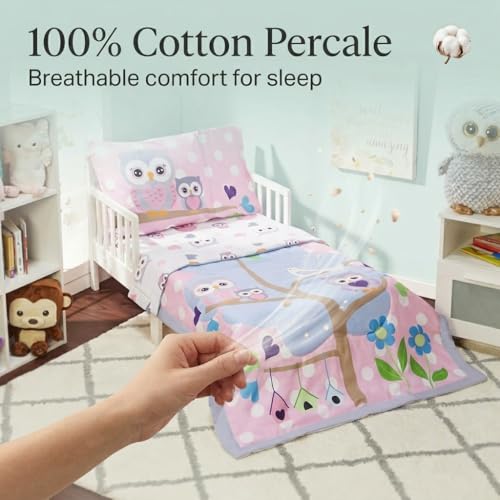 Image of EVERYDAY KIDS 4 Piece Toddler Bedding Set - Owls - Soft 100% Cotton Percale - Includes Comforter, Flat Sheet, Fitted Sheet and Reversible Pillowcase