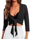 PrinStory Tie Front Cardigan for Womens - 3/4 Sleeve Summer Cropped Bolero Shrug for Sleeveless Dresses Beach Cover Up Shawl V Neck Thin Tops Black US S