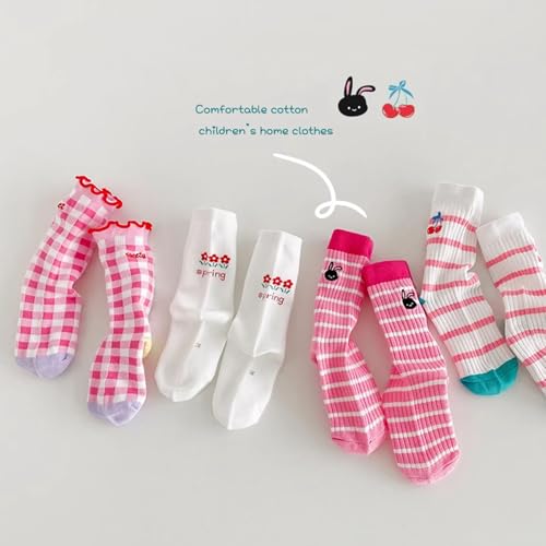 4 Pairs Toddler Girl Mid Calf Socks Cartoon Striped Stretch Breathable Ruffle Socks Summer3