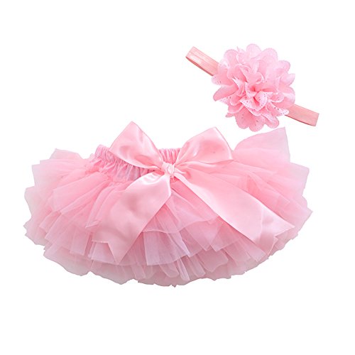 Naisian muyan Girls Cotton Tulle Ruffle with Bow Baby Bloomer Diaper Cover and Headband Set (Pink, M(6Month-12Month))