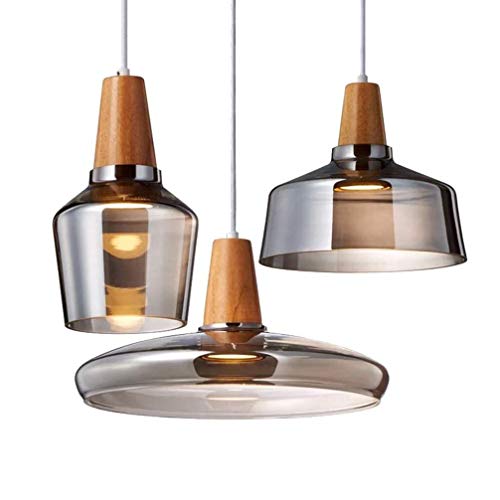 Lustre salle à manger style loft avec 3 suspensions en verre gris soufflé et bois