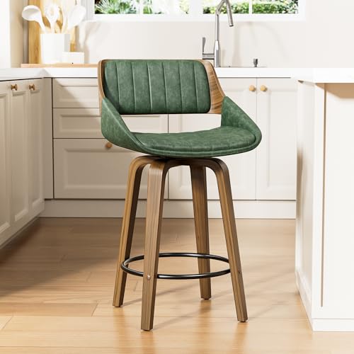 Image of YaFiti Bar Stools Set of 1, 26 inch Swivel Counter Height Barstools with Bentwood Back and Legs, Mid Century Modern Upholstered Faux Leather Counter Stools for Kitchen Island, Dining Room, Green