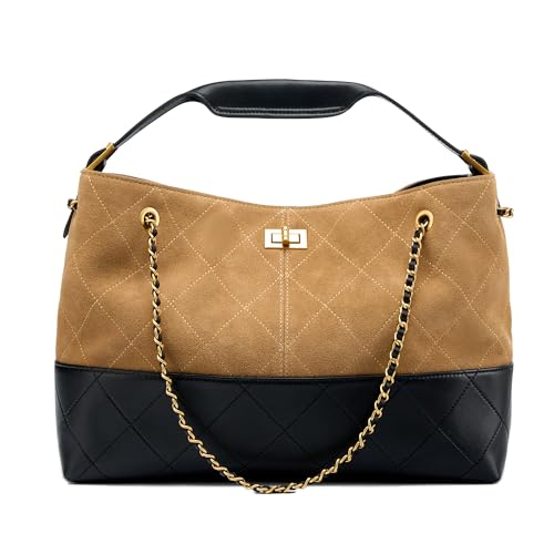 OMELUMO Soft Genuine Leather Lambskin Suede Quilted Bag Carryall Top Handle Gold Chain Shoulder Shopping Bag (Brown)