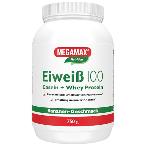 Megamax Eiweiss Banane 750 g | Molkenprotein + Milcheiweiß Für Muskelaufbau ,Diaet | 2k-Eiweiss ideal zum Backen | hochwertiges Low Carb Eiweiß-Shake | aspartamfrei Protein mit Aminosäuren