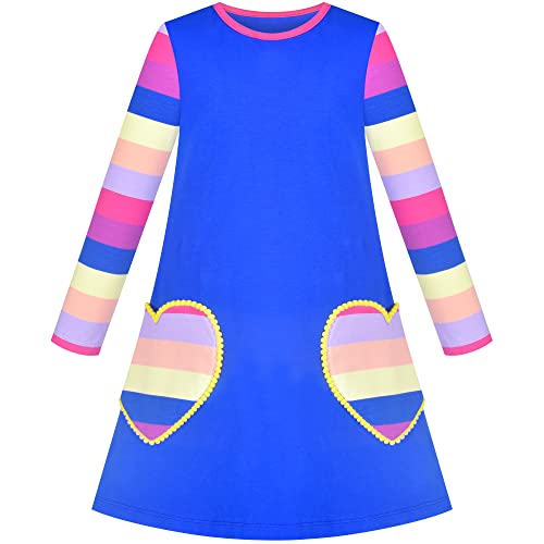 Image of Sunny Fashion Girls Dress Blue Long Sleeve Dress with Heart Pockets Striped Casual Cotton Jersey Dress Age 4 Years