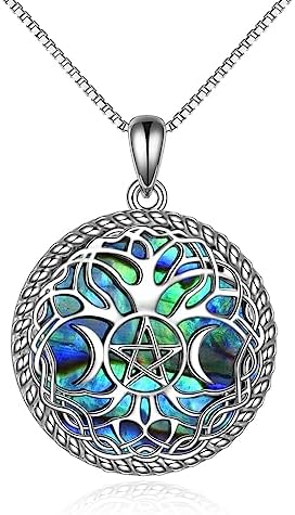 VONALA Tree of Life Necklace Sterling Silver Triple Moon Goddess Pentagram Abalone Shell Pendant Necklace Wiccan Celtic Knot Jewellery Gifts for Her Women