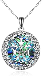 VONALA Tree of Life Necklace Sterling Silver Triple Moon Goddess Pentagram Abalone Shell Pendant Necklace Wiccan Celtic Knot Jewellery Gifts for Her Women