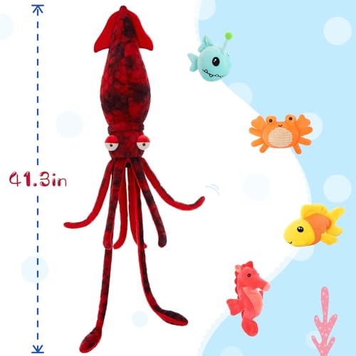 Image of Giant Squid Stuffed Animal with 4 Sea Animal Plush, Red, 41.3 inch