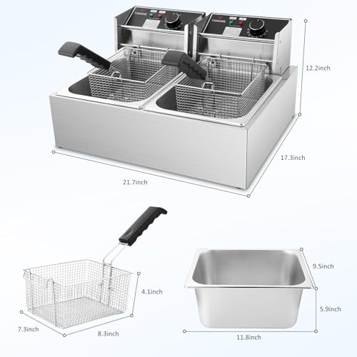Commercial Deep Fryer - 3400W Electric Deep Fryers with 2x6.35QT Baskets 0.8mm Thickened Stainless Steel Countertop Oil Fryer 20.7QT Large Capacity with Temperature Limiter (12L)