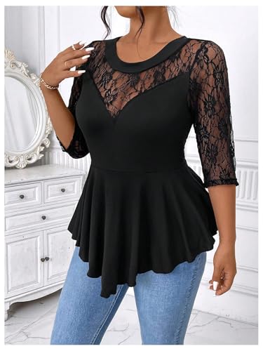 GORGLITTER Women's Plus Size Peplum Tops Sheer Mesh Lace Patchwork Tops Asymmetrical 3/4 Sleeve Crew Neck Tees Shirt3