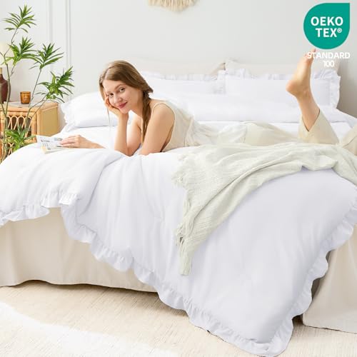Image of FUANNA Queen Comforter Set White 3 Pieces, Ruffle Shabby Chic Queen Bed Set, Fluffy Lightweight Soft Bed in a Bag Queen for All Seasons, Farmhouse Bedding Comforter Sets(1 Comforter & 2 Pillowshams)